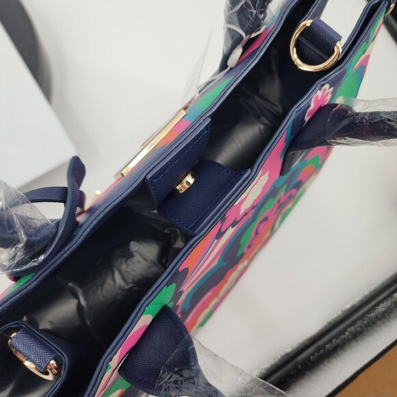 Trina Turk Floral Print Tote Bag 14x11 Floral Navy Pink Green Designer Purse - Picture 10 of 11